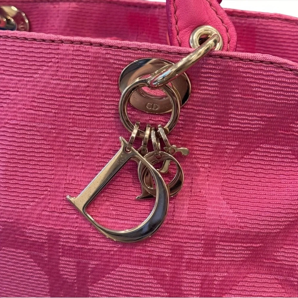 Auth LADY DIOR East West tote bag fushia Pink cannage silk jacquard Handbag RARE